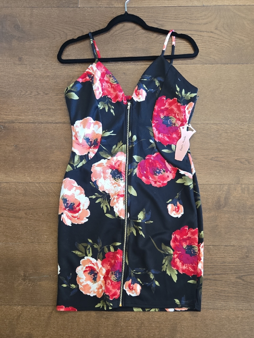 Haute Monde Black Floral Bodycon Dress with Red and Pink Blooms